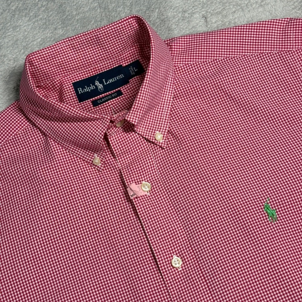 Ralph Lauren Button Down Mens Large Red Gingham Classic‎ Fit Short Sleeve Shirt